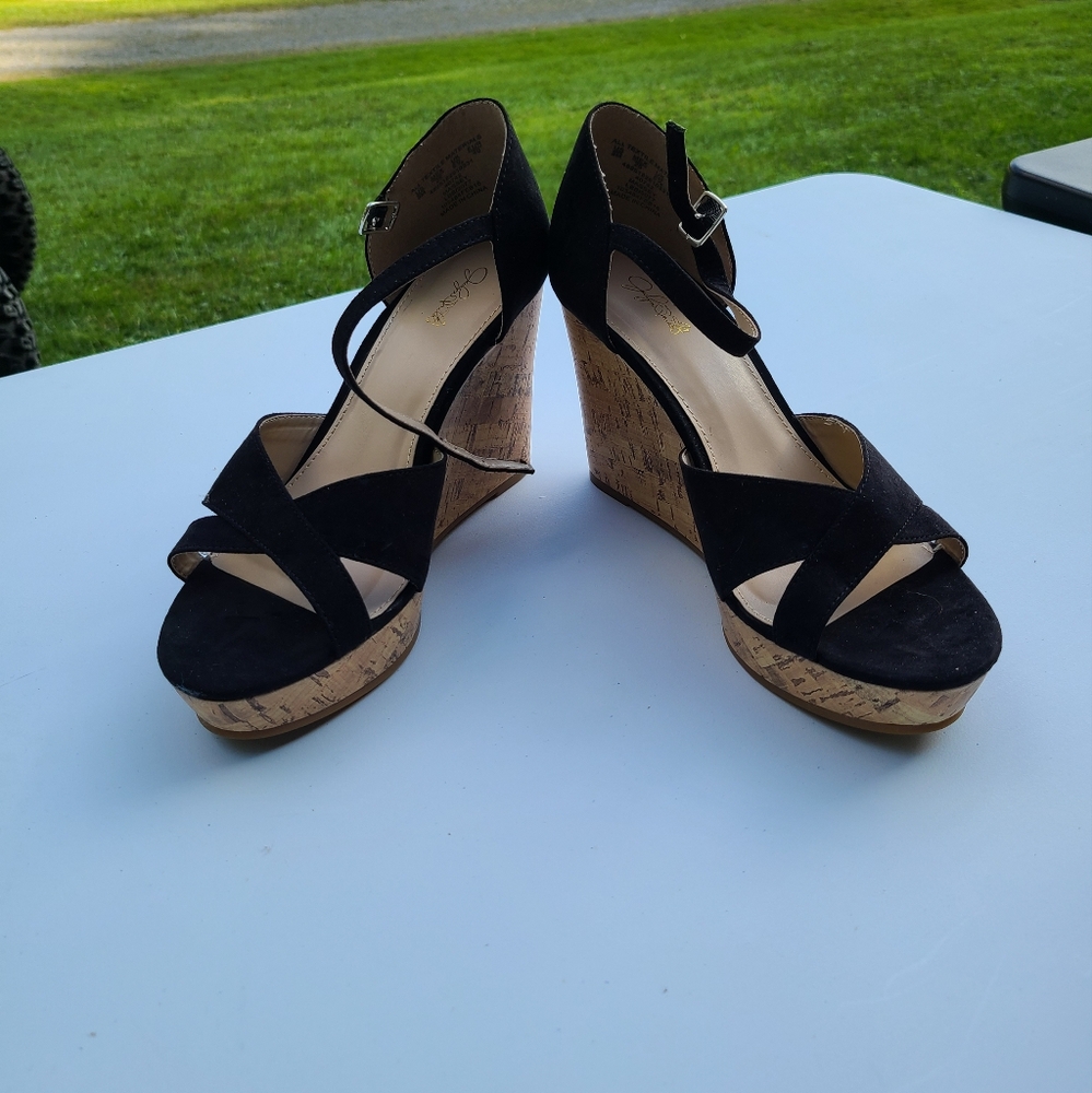 Jaclyn Smith wedge black velvet sandals.
